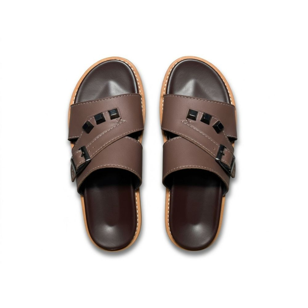 Brown Faux Leather Studded Buckle Slides